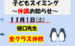11/1 子どもスイミング教室休講のお知らせ